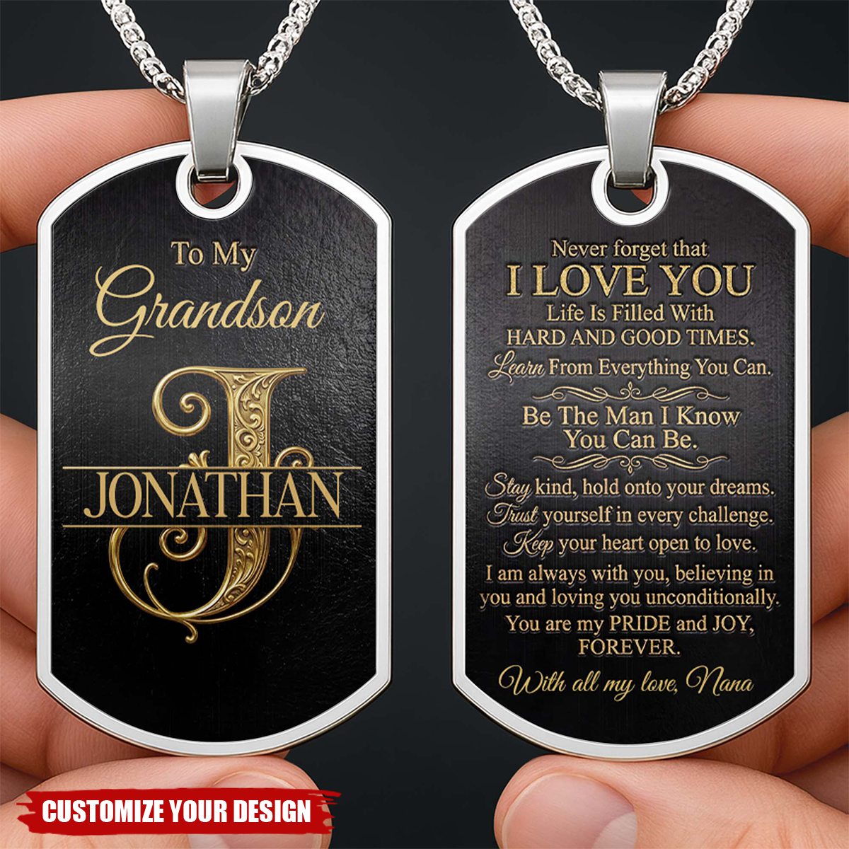 Personalized To My Grandson Engraved Dog Tag Necklace, Custom Name Stainless Steel Keychain