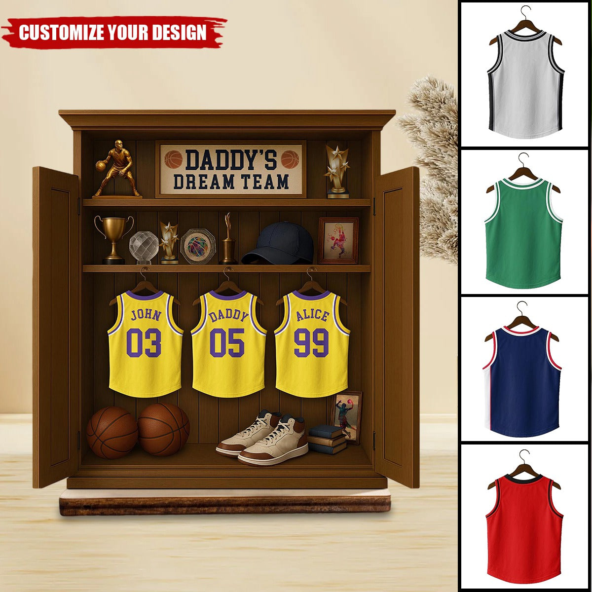 Personalized Daddy's Dream Team Basketball Jersey 2-Layered Wooden Plaque-Father’s Day Gift For Sports Dad