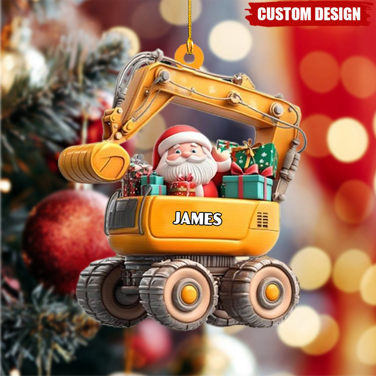 Santa Little Excavator Is On Duty Personalized Name Shaped Ornament