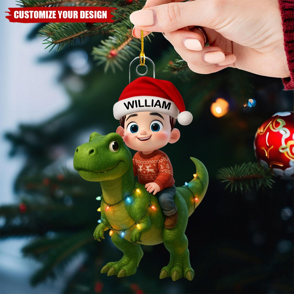 Personalized Cute Cartoon Kid With Dinosaur Christmas Acrylic Ornament, Unique Gift For Grandkids