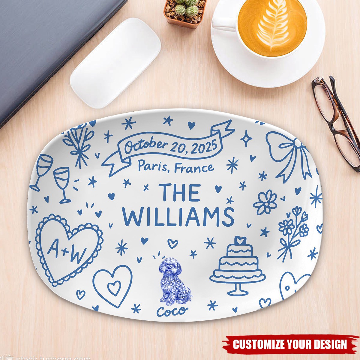 Custom Wedding Platter – Personalized Couple Gift with Names, Dog, Date & Location