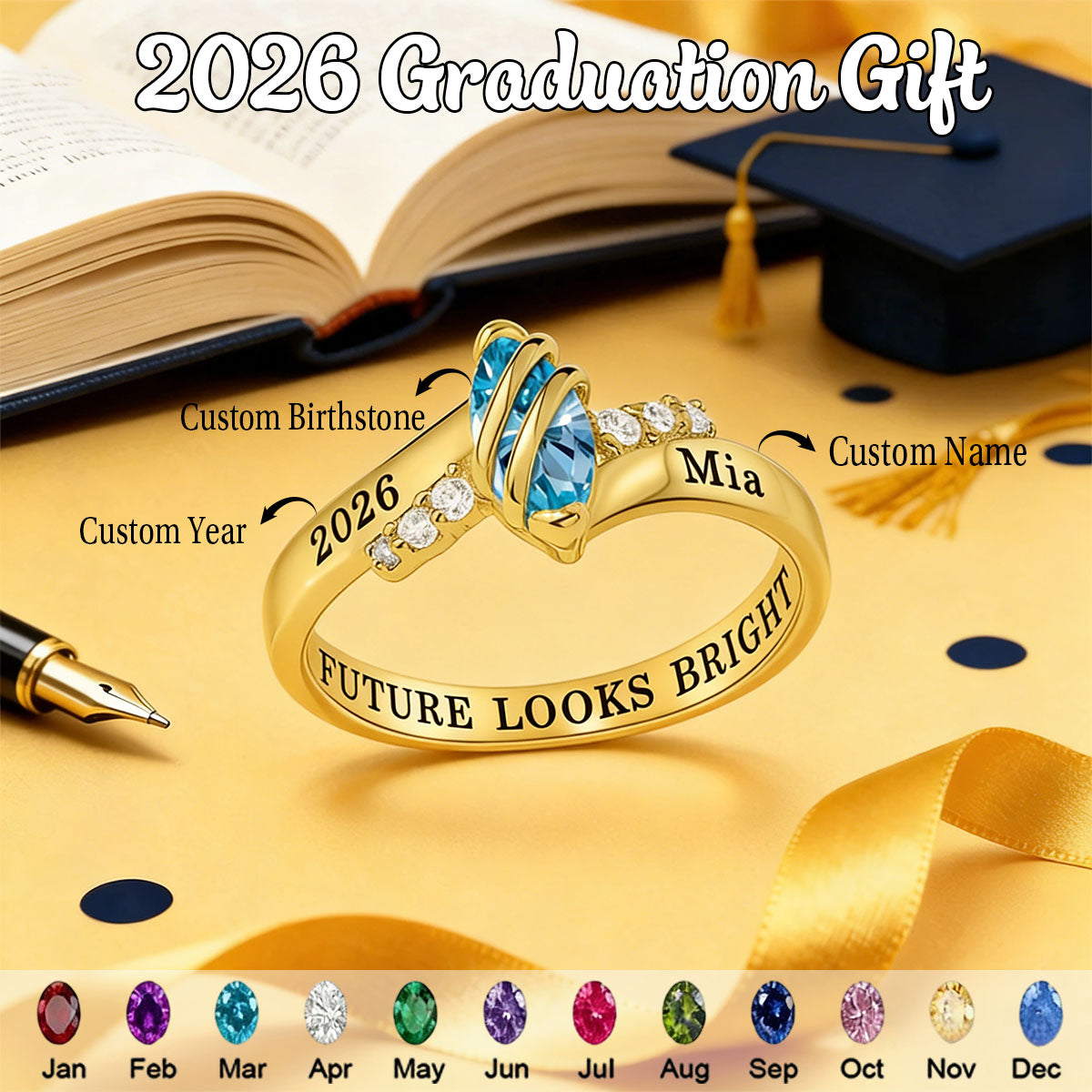 Personalized Engraved Birthstone High School Class Ring, Bypass Opening CZ Stone Ring for Graduates