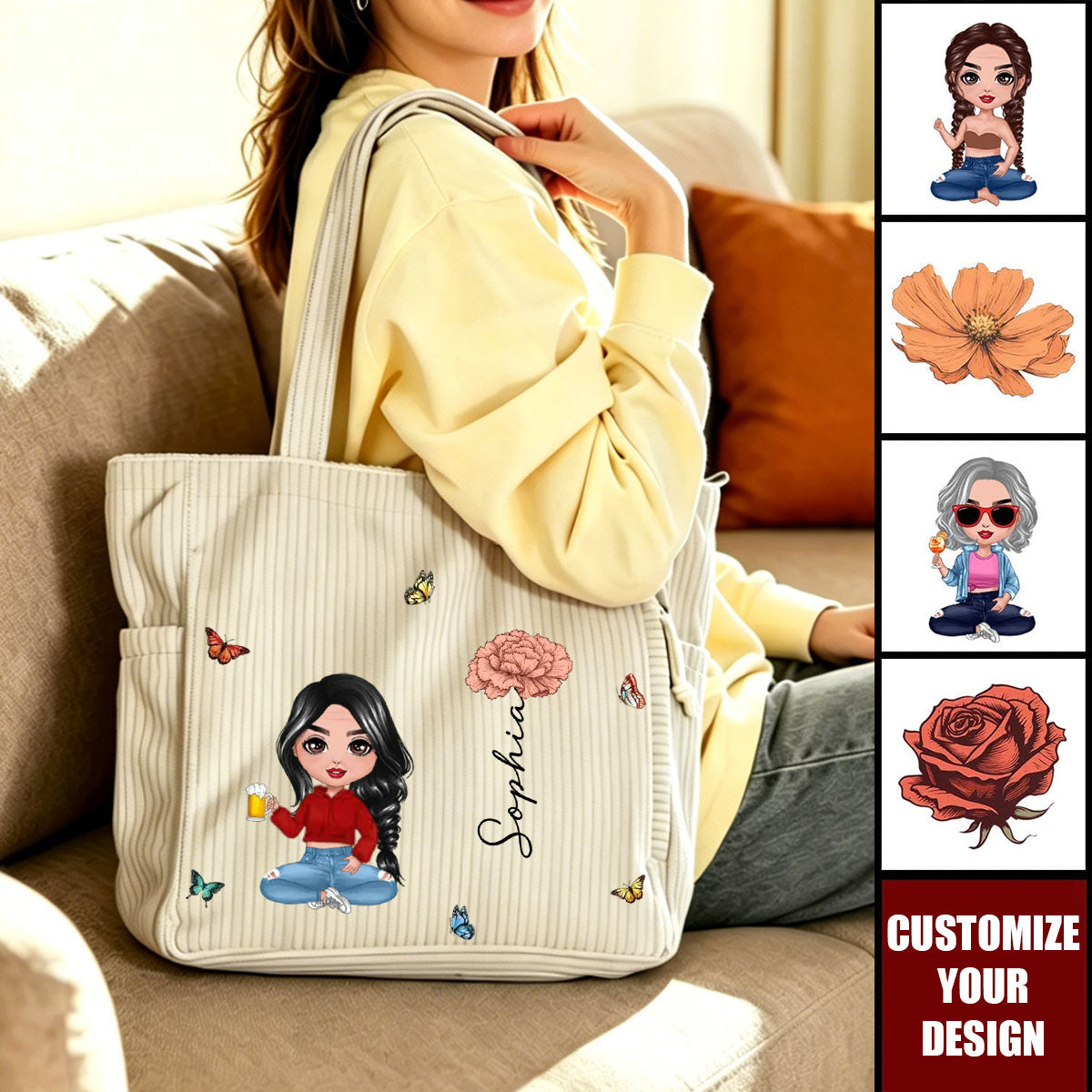 Personalized Cartoon Character Birth Flower Large Capacity Corduroy Tote Bag
