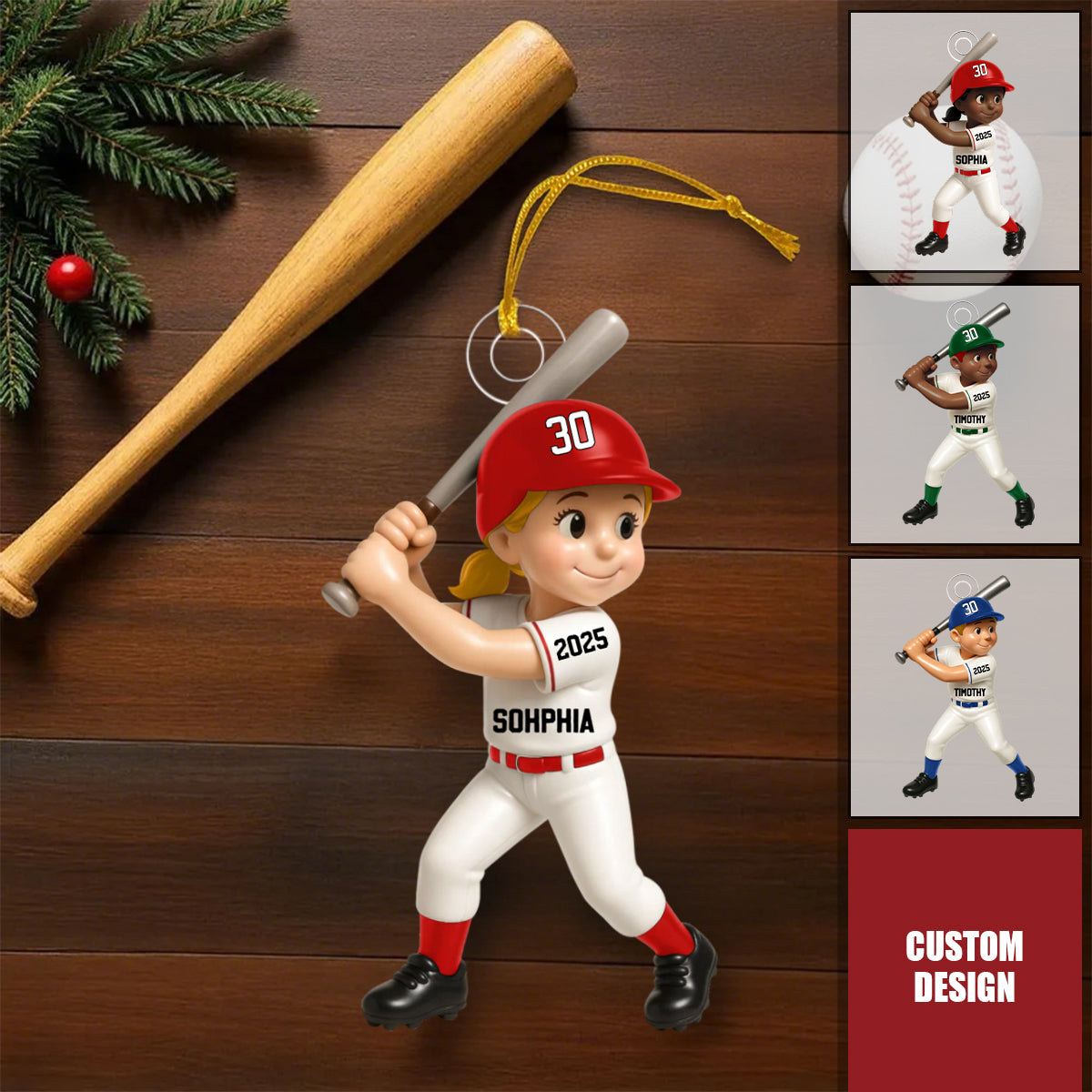 Cute Baseball Player 3D Effect, Personalized Acrylic Flat Ornament, Gift for Son, for Daughter, for Grandson, for Granddaughter