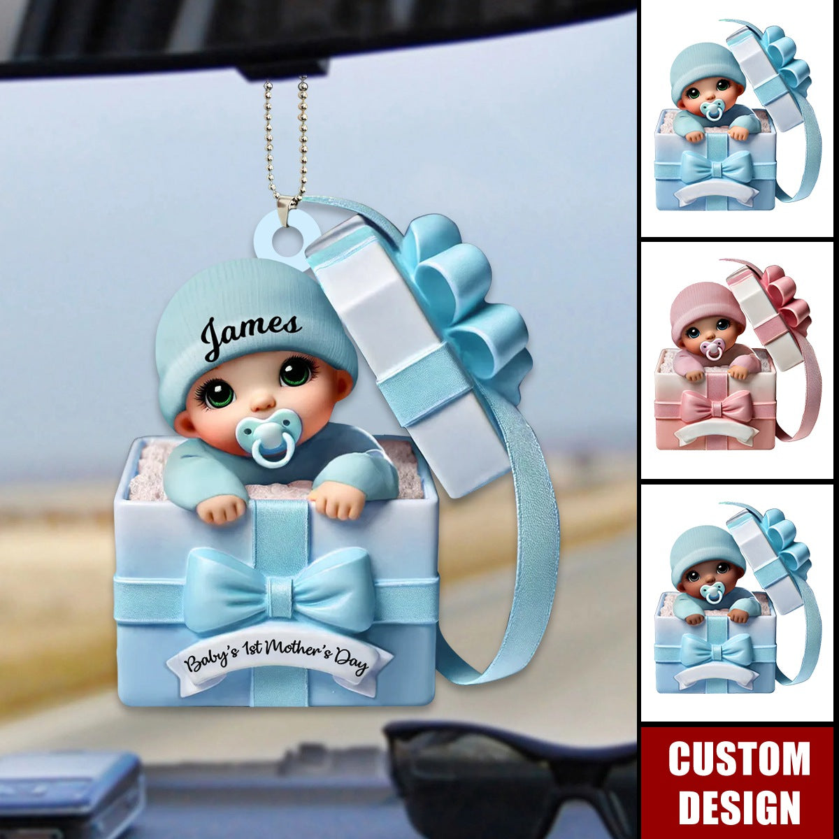 Baby Inside Gift Box Personalized Acrylic Car Ornament - Baby's First Mother's Day Gift
