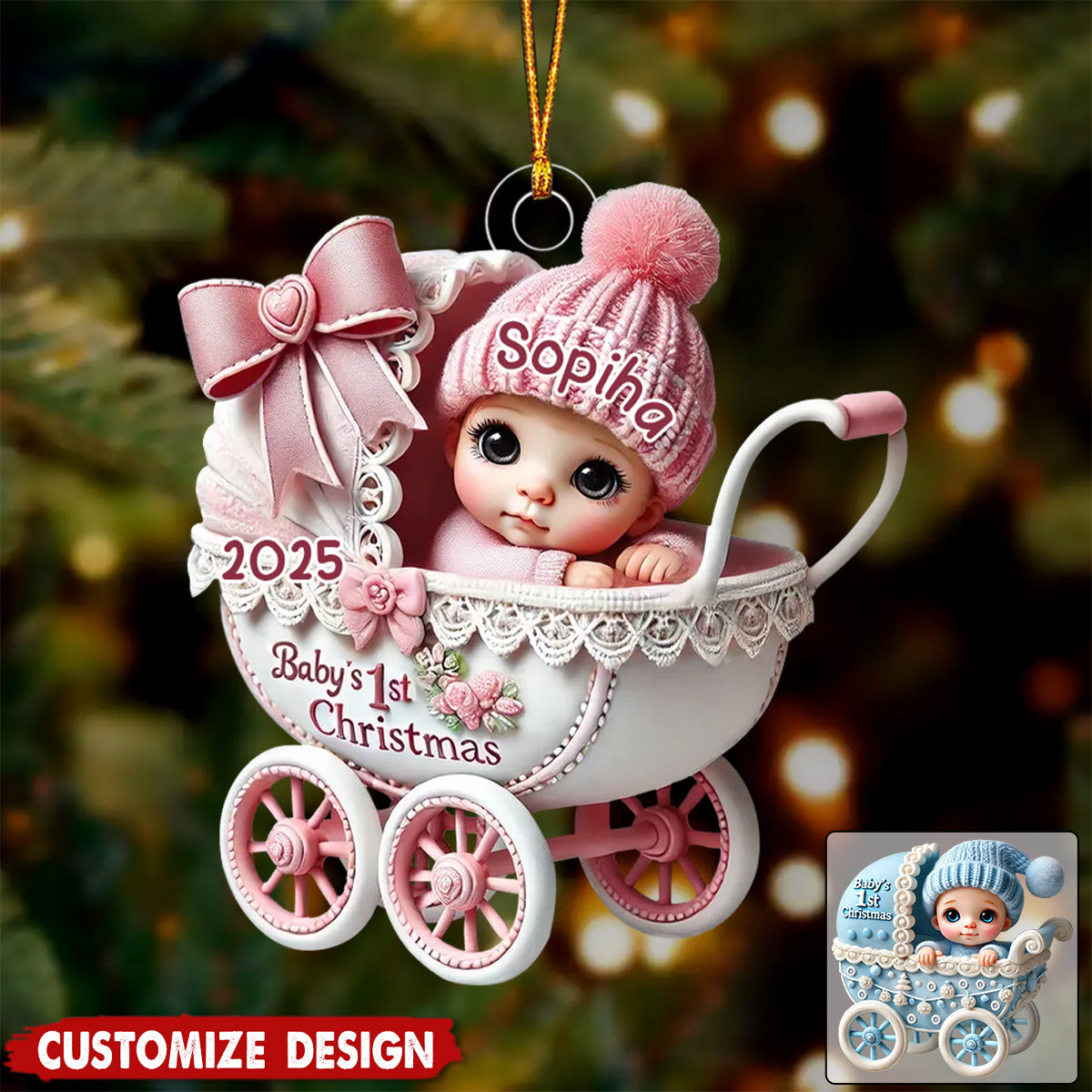Newborn Baby In Carriage Christmas Personalized Acrylic Ornament