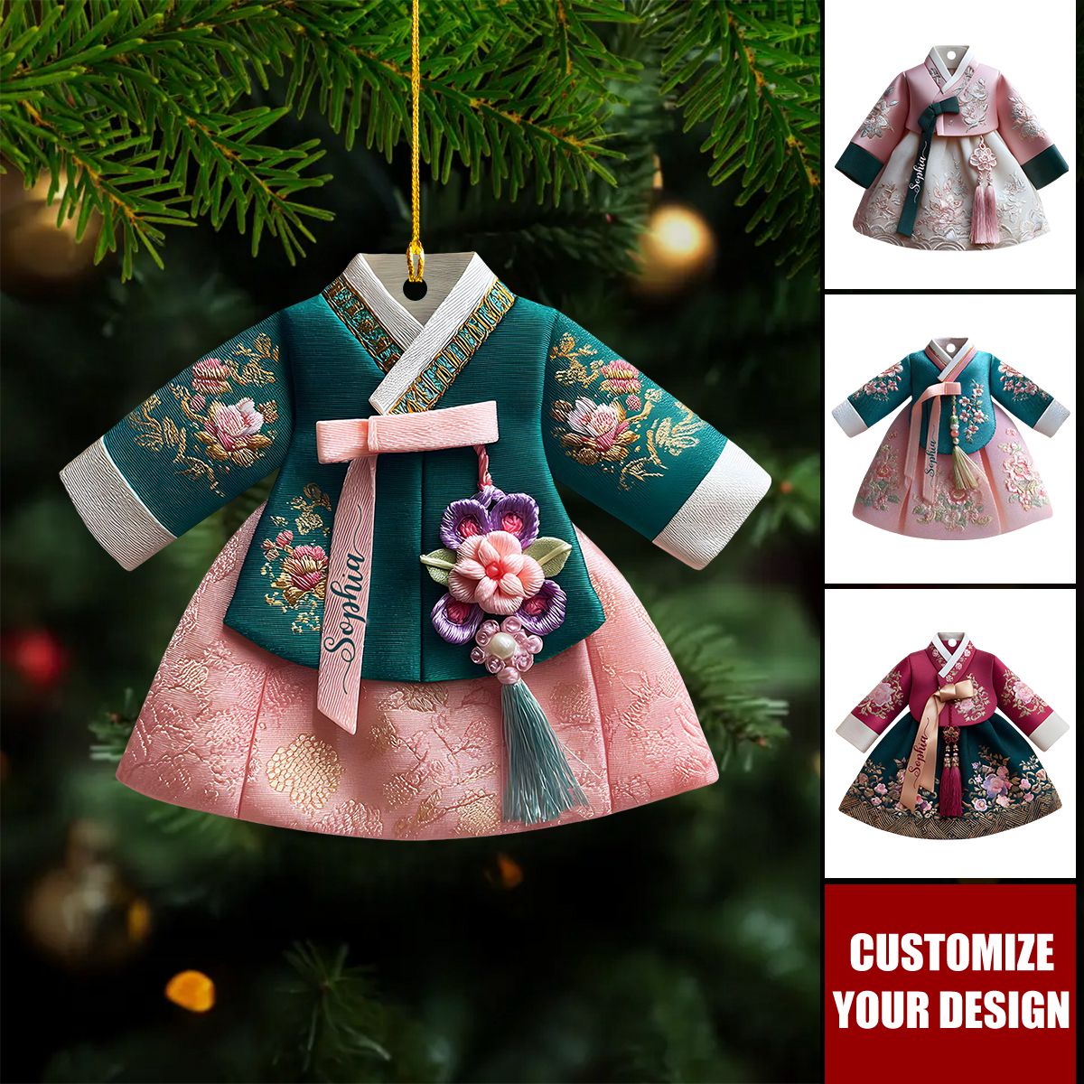 Personalized Korean Hanbok Dress Acrylic Ornament, Custom Cultural Holiday Keepsake