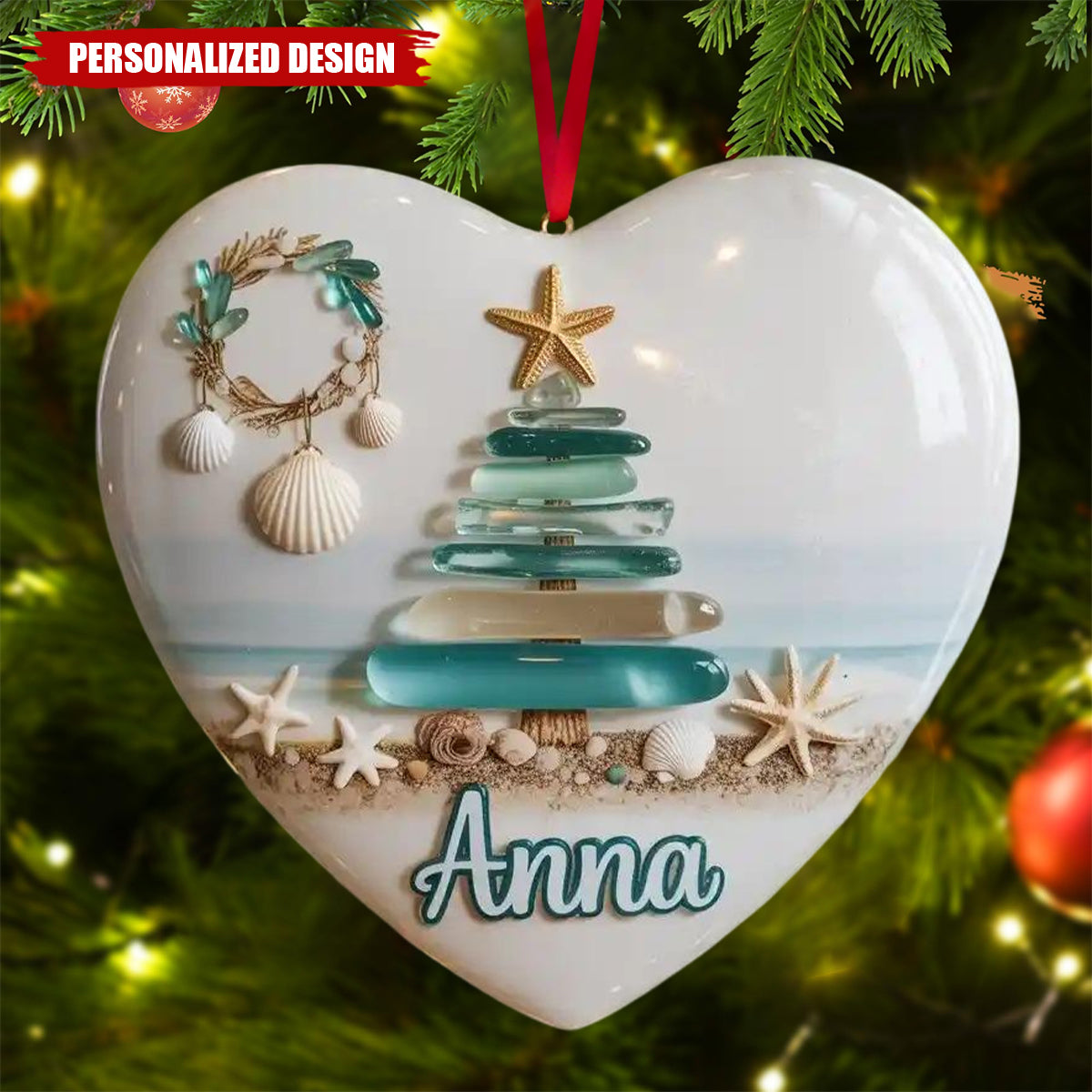 Personalized Coastal Sea Glass Ceramic Christmas Tree Ornaments
