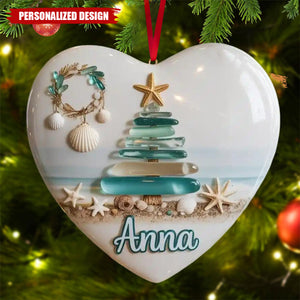 Personalized Coastal Sea Glass Ceramic Christmas Tree Ornaments