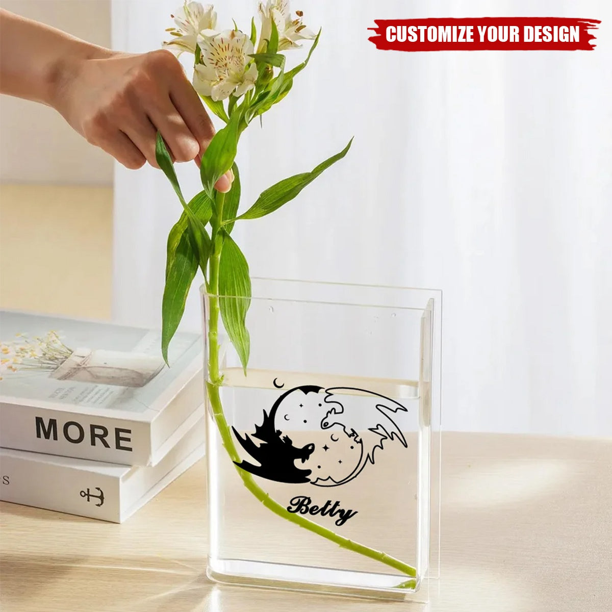 Personalised Cool Flying Dragon Pattern Clear Bookend Vase with Name, Gift for Mom Grandma Book Lovers