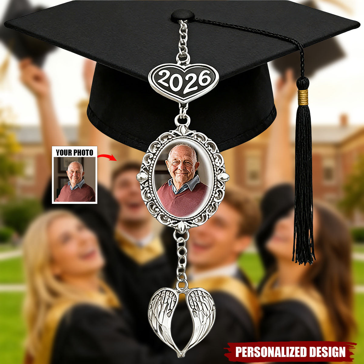I’m In Heaven But I Won't Miss This Day-Personalized Graduation Tassel Photo Charm With Angel Wing