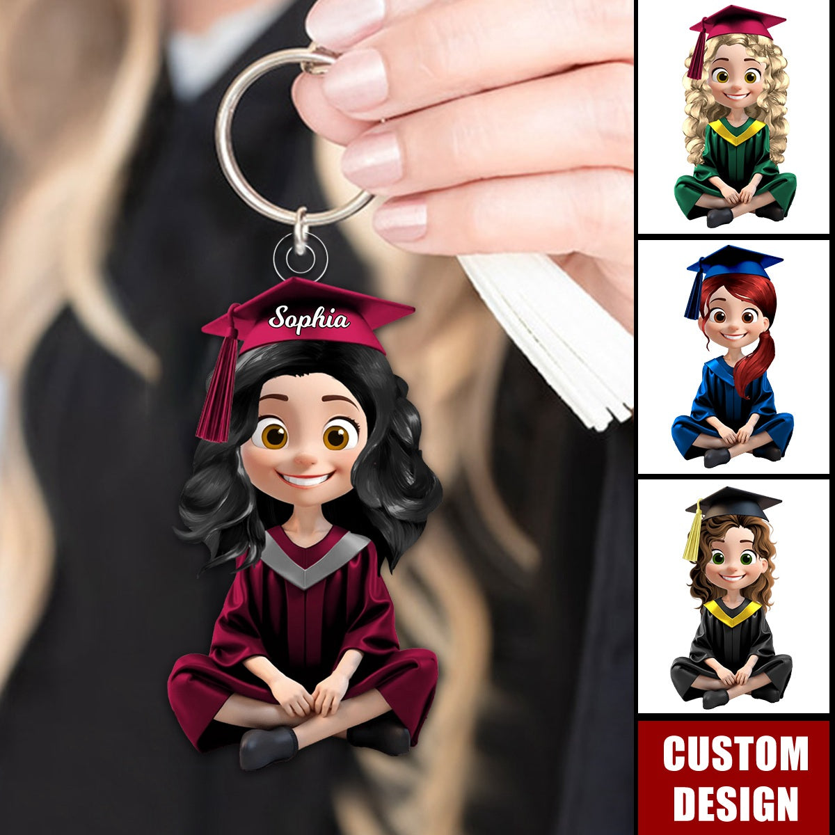 Cute Cartoon Sitting Graduates-Personalized Keychain, Graduation Gift
