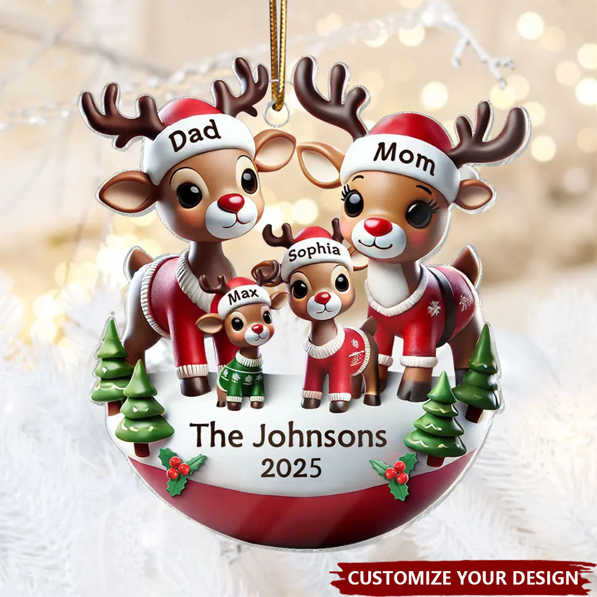 Reindeer Family 3D Effect Cute Christmas Decor Personalized Acrylic Ornament