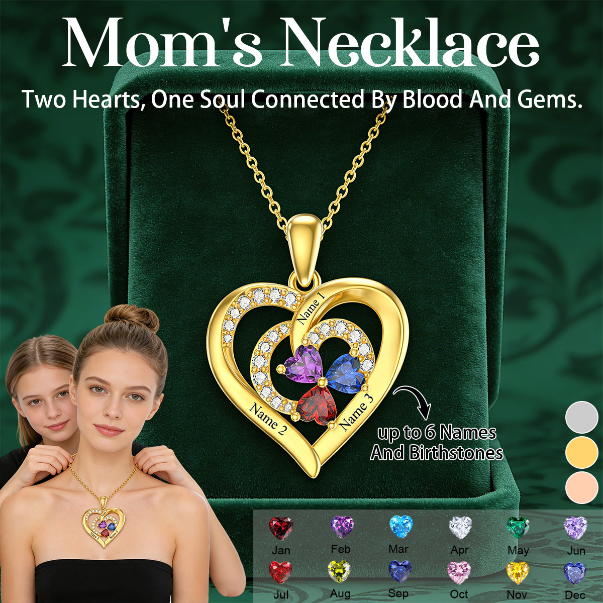 Personalized Birthstone Heart Necklaces-Mothers Day Gifts for Mom Wife Her