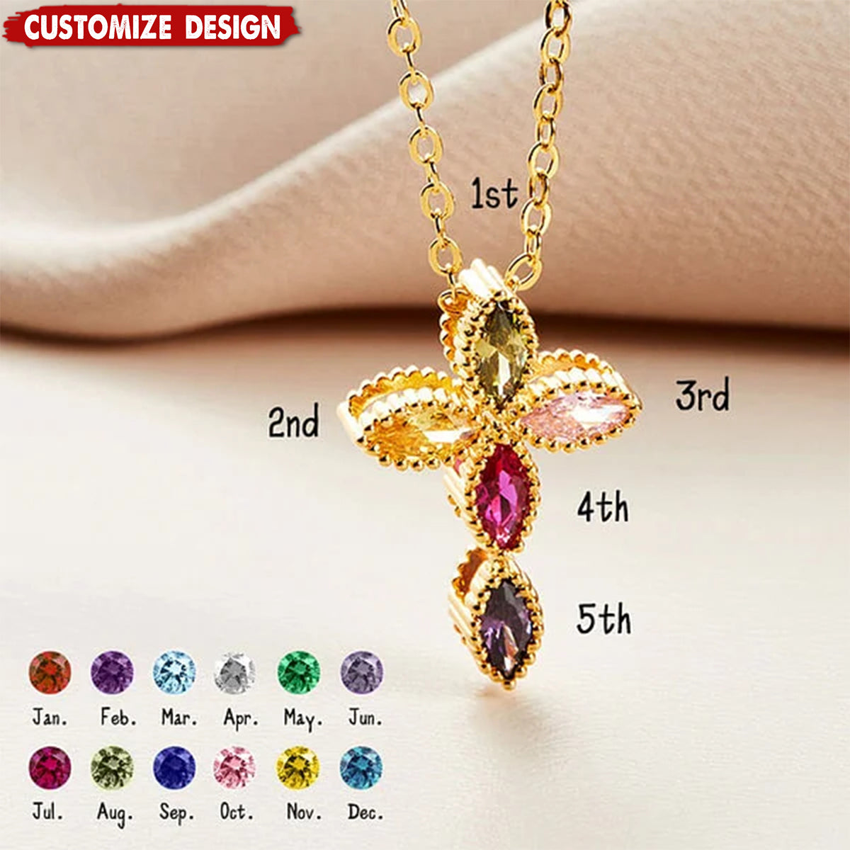 Personalized Mini Cross Pendant Necklace with 1-5 Family Birthstones Christening Gift for Woman