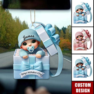 Baby Inside Gift Box Personalized Acrylic Car Ornament - Baby's First Mother's Day Gift