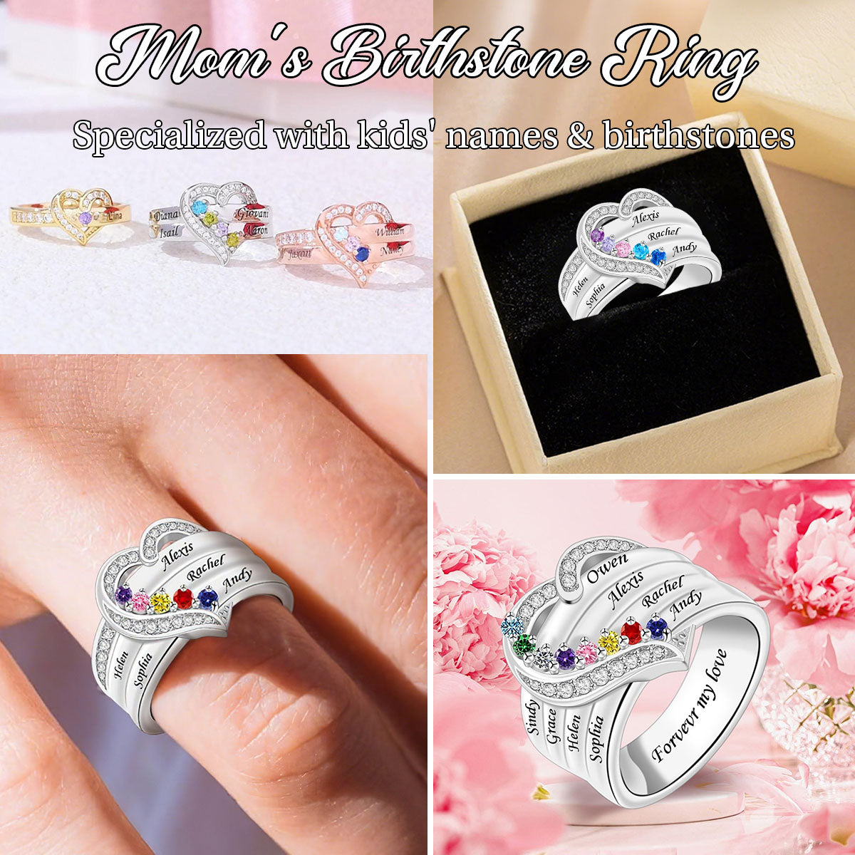 Personalized Heart Birthstone Ring, Family Ring for Her Love Heart-Mothers Ring with 1-8 Birthstones