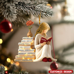 Personalized God Says I Am Ornament, Christmas Ornament for Readers, Custom Birth Month Flower and Name Keepsake