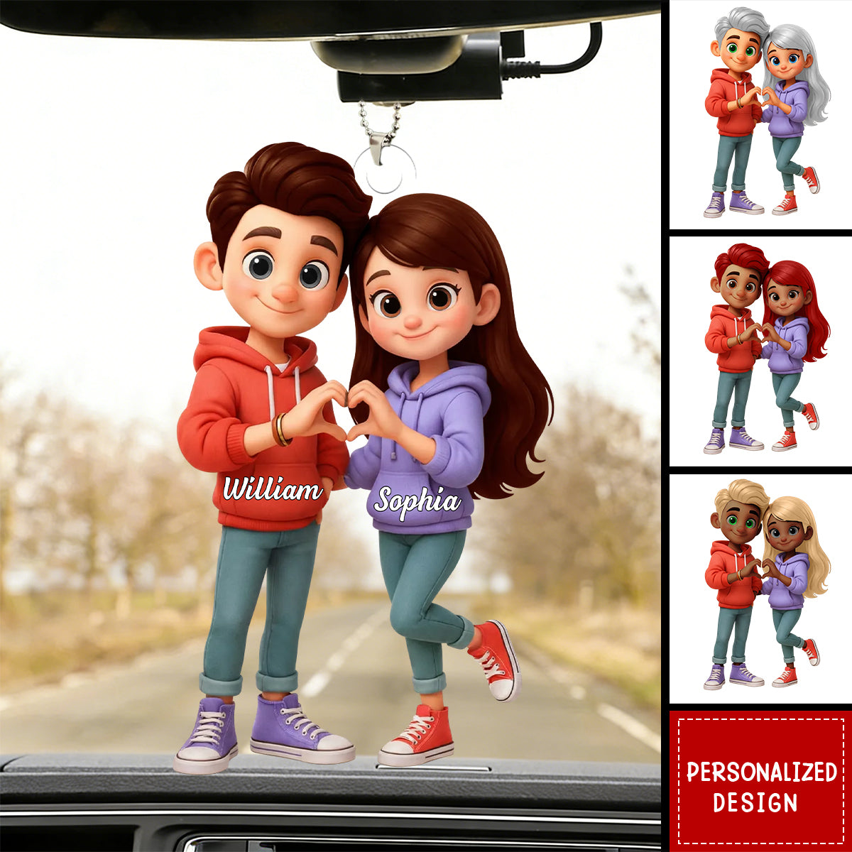 Sentimental Cartton Personalized Cute Cartoon Couple Acrylic Car Hanger-Sentimental Gift f ...