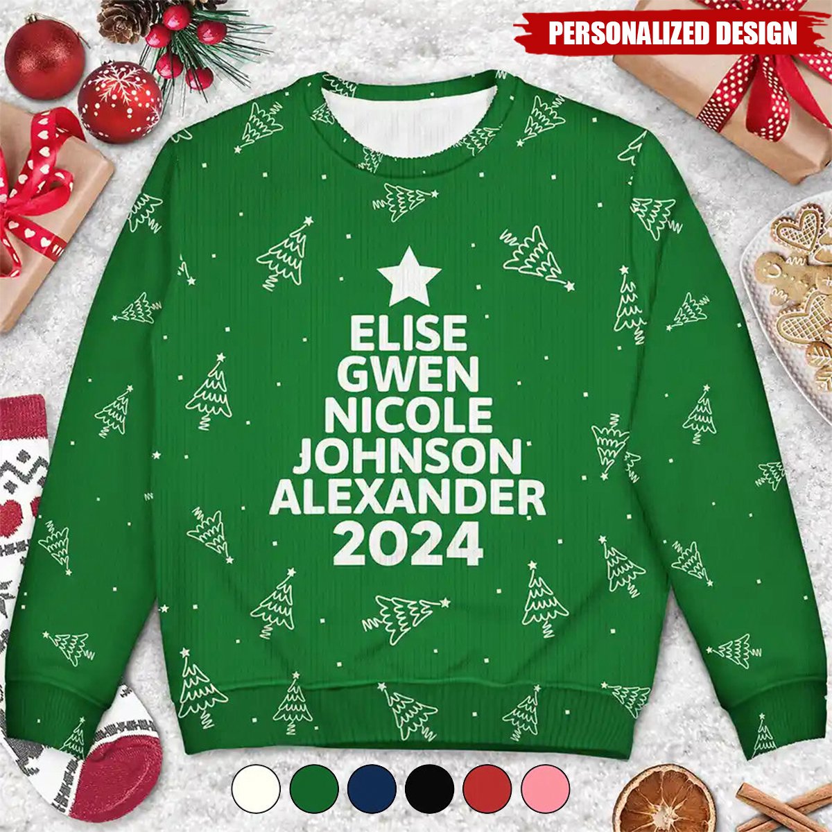 2024 New Release Christmas Tree Family Bestie Coworker Custom Name-Personalized Unisex Ugly Sweater