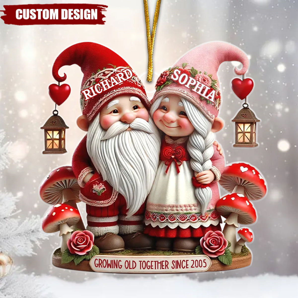 3D Effect Valentine's Dwarf Couple Personalized Christmas Ornament