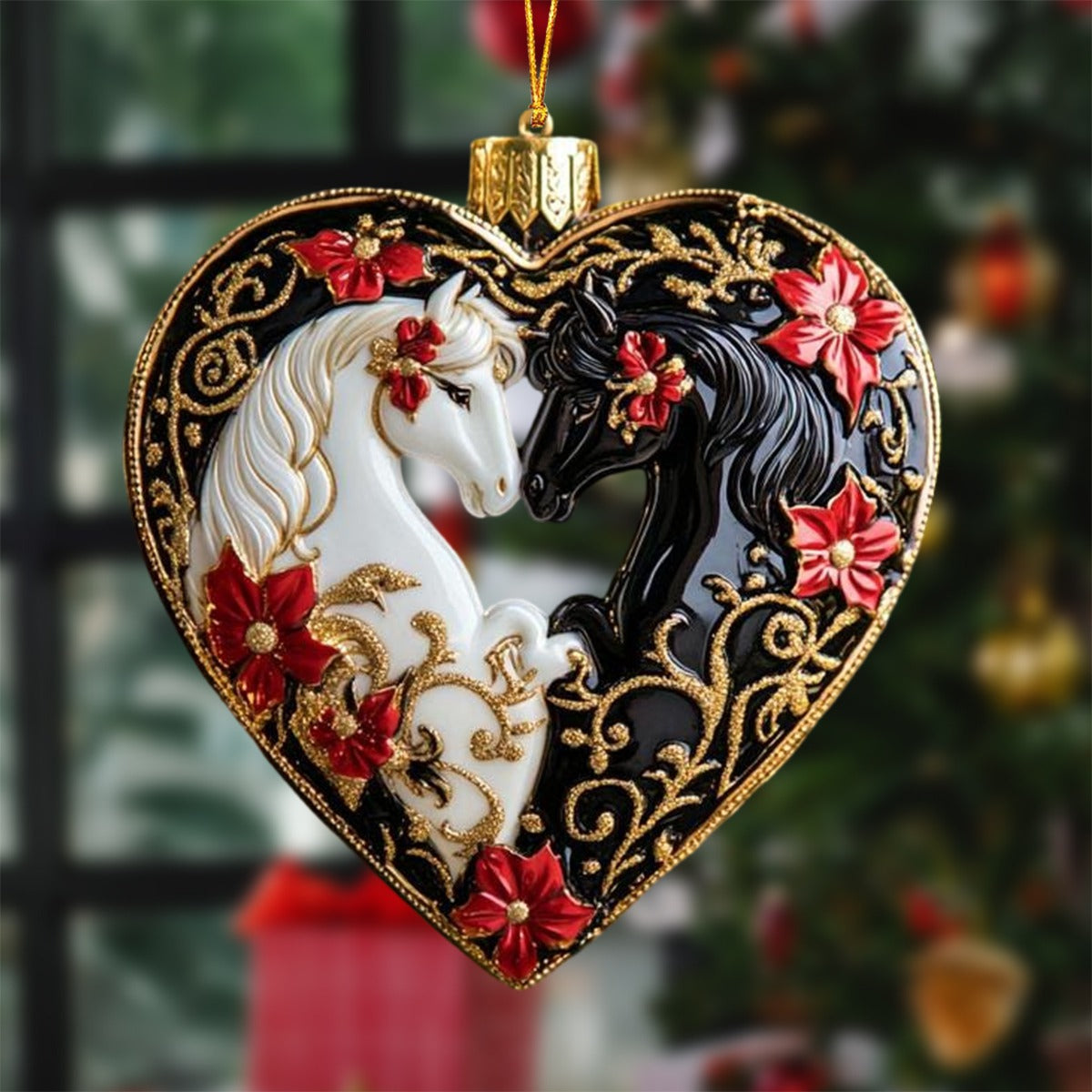Black and White Horse Heart Cristmas Ornament - Gift for Horse Lovers