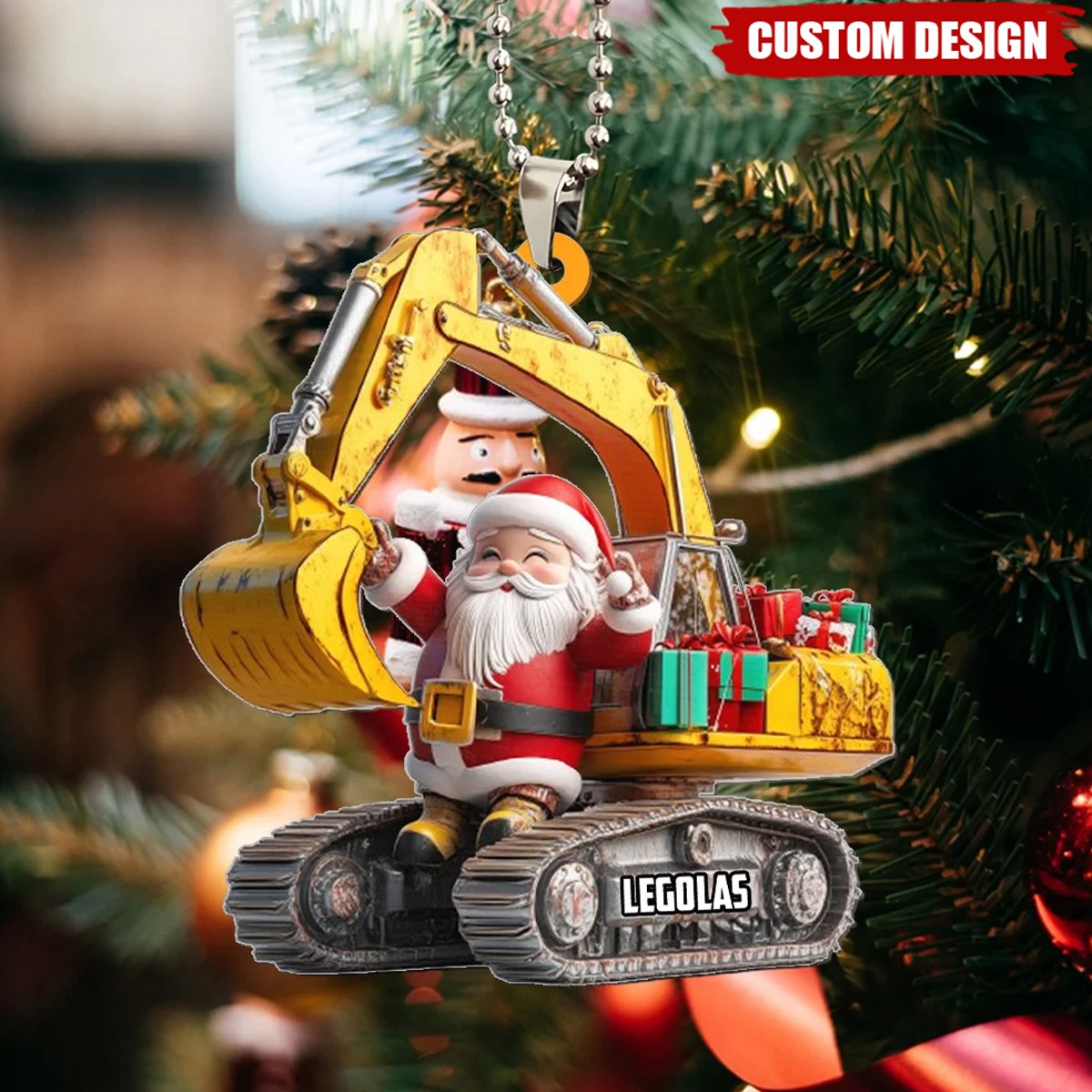 Santa Little Excavator Is On Duty Personalized Name Shaped Ornament