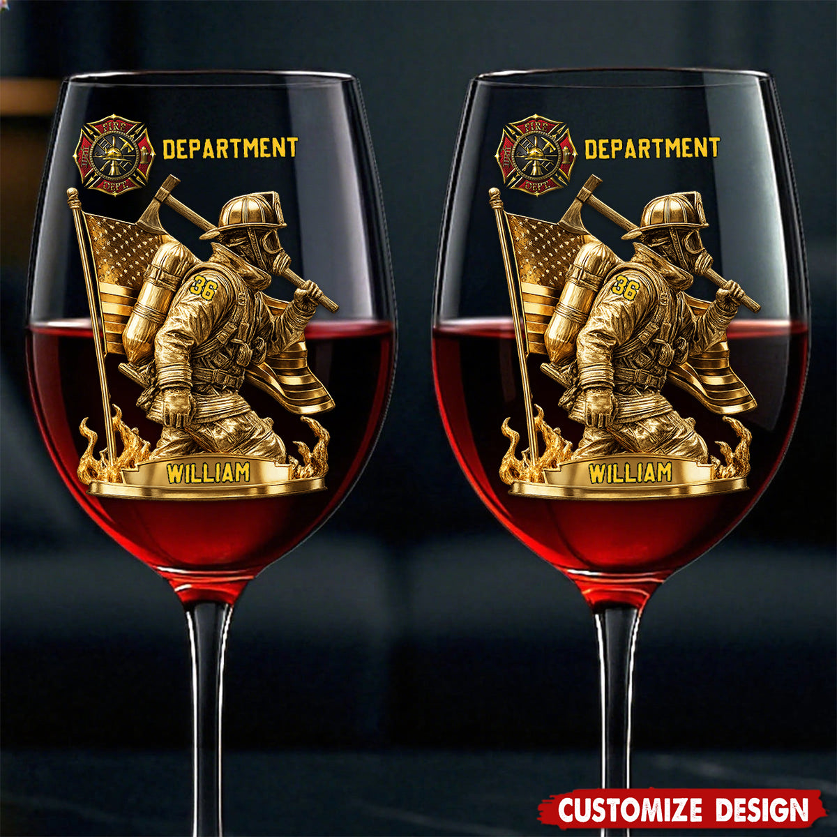 Personalized Proud Firefighter American Glass - Custom Wine Glass With Long Stem For Fireman