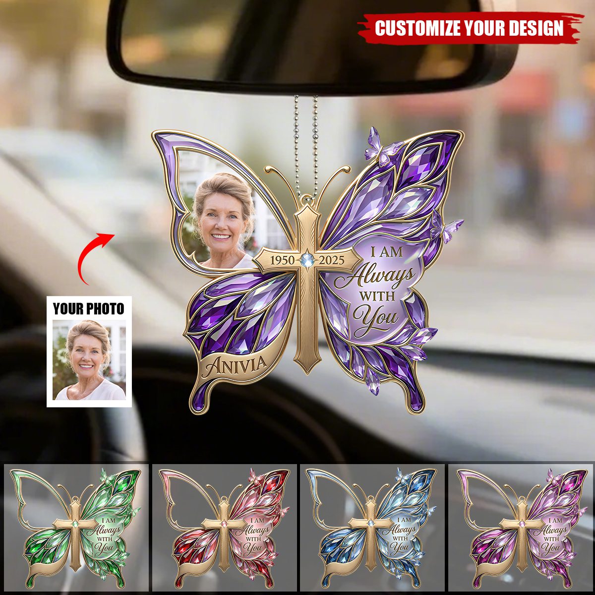 Custom Photo Loving Memory Butterfly Car Ornament - Personalized Gifts For Loved Ones