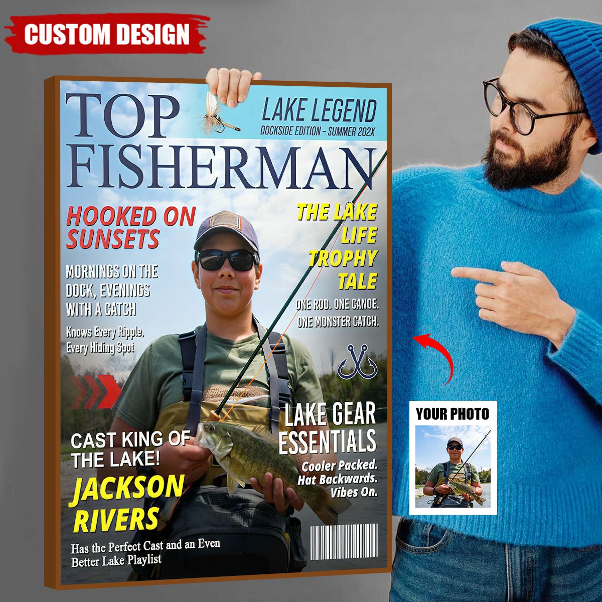 Personalized Lake Fishing Magazine Cover, Custom Gift for Fishing Dad, Husband or Him, Best Gift For Fishing Men