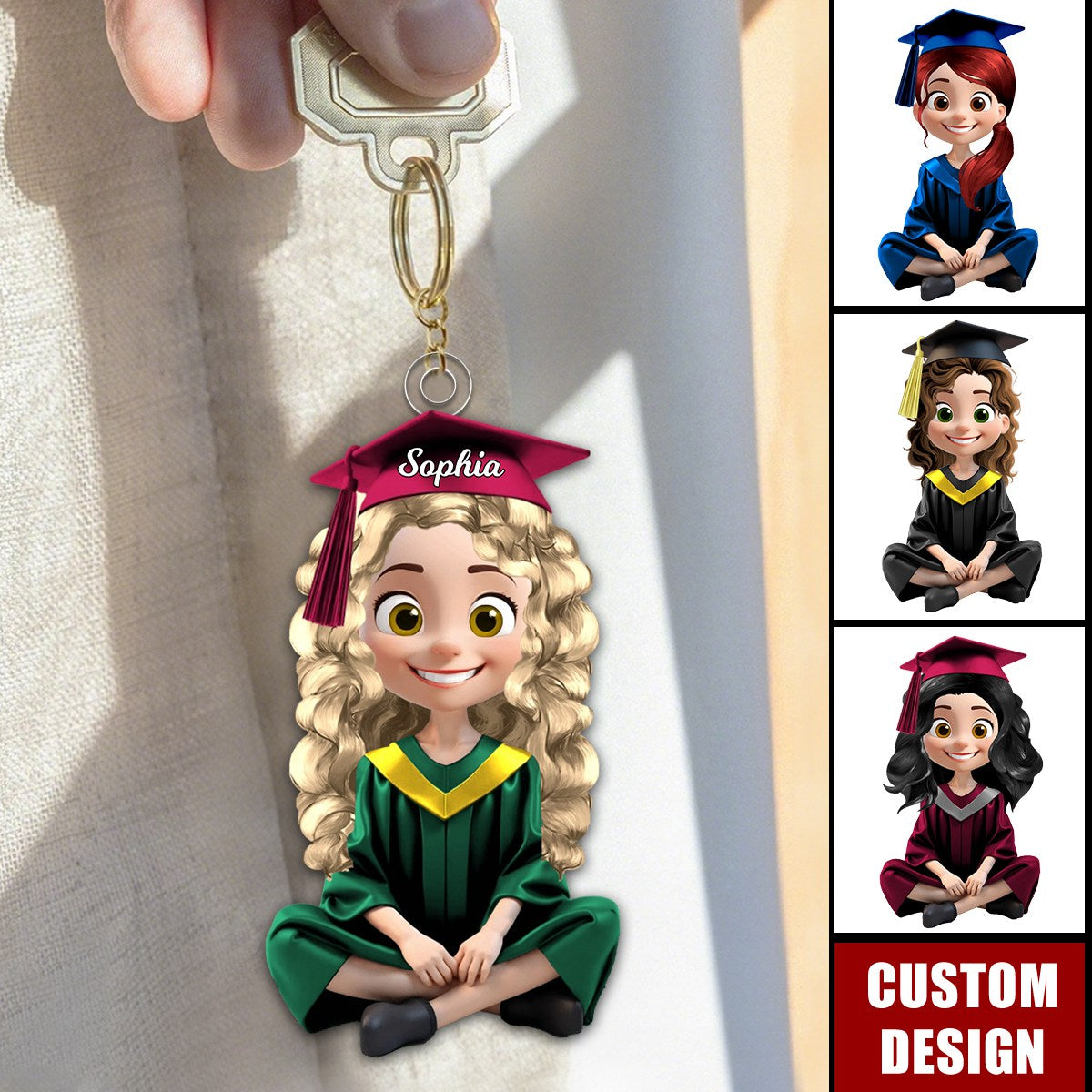 Cute Cartoon Sitting Graduates-Personalized Keychain, Graduation Gift