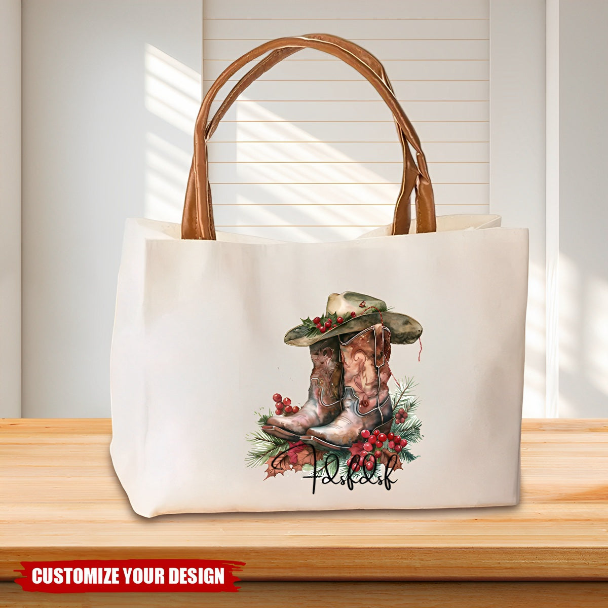 Personalized Birth Flower Western Cowgirl Boots Design Canvas Tote Bag