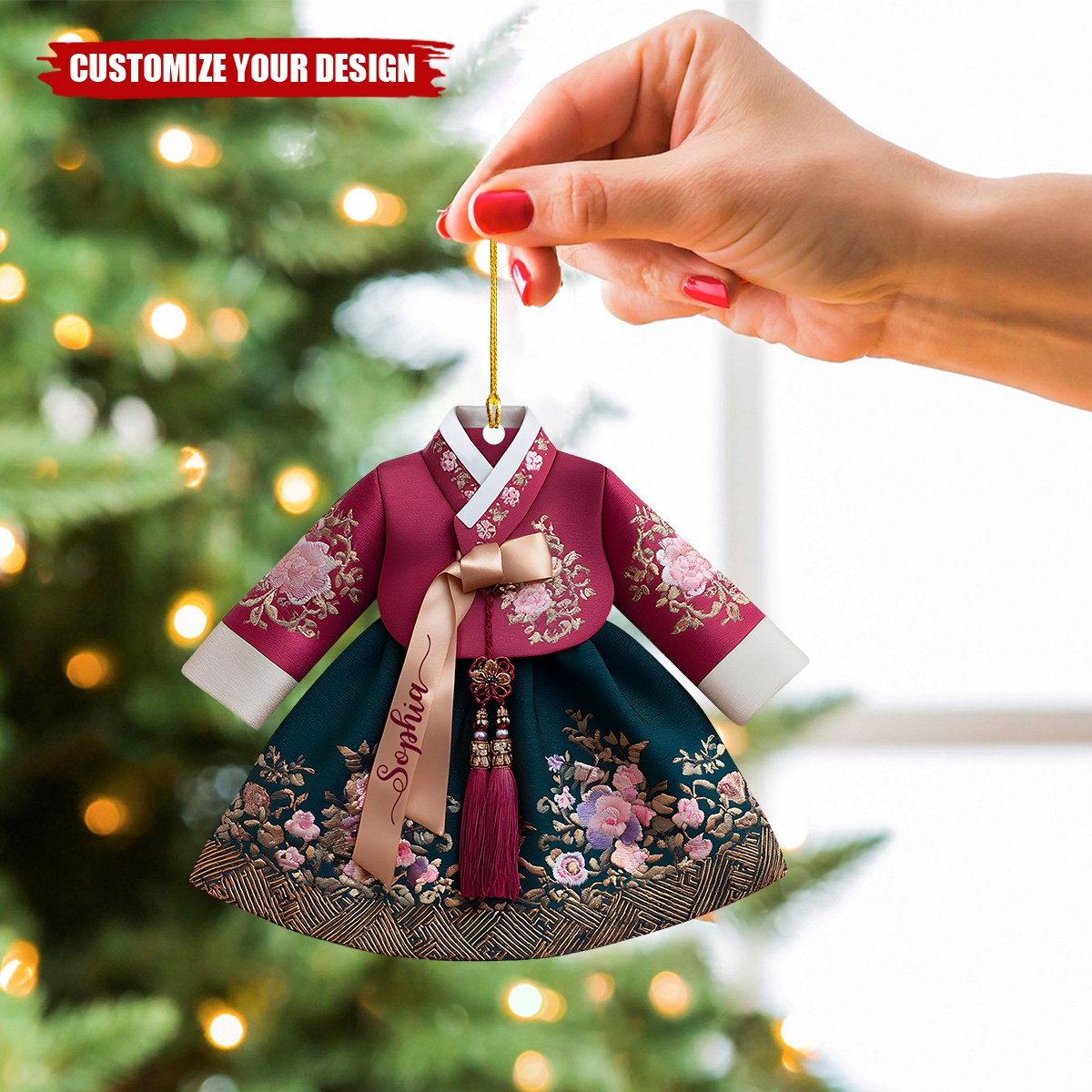 Personalized Korean Hanbok Dress Acrylic Ornament, Custom Cultural Holiday Keepsake