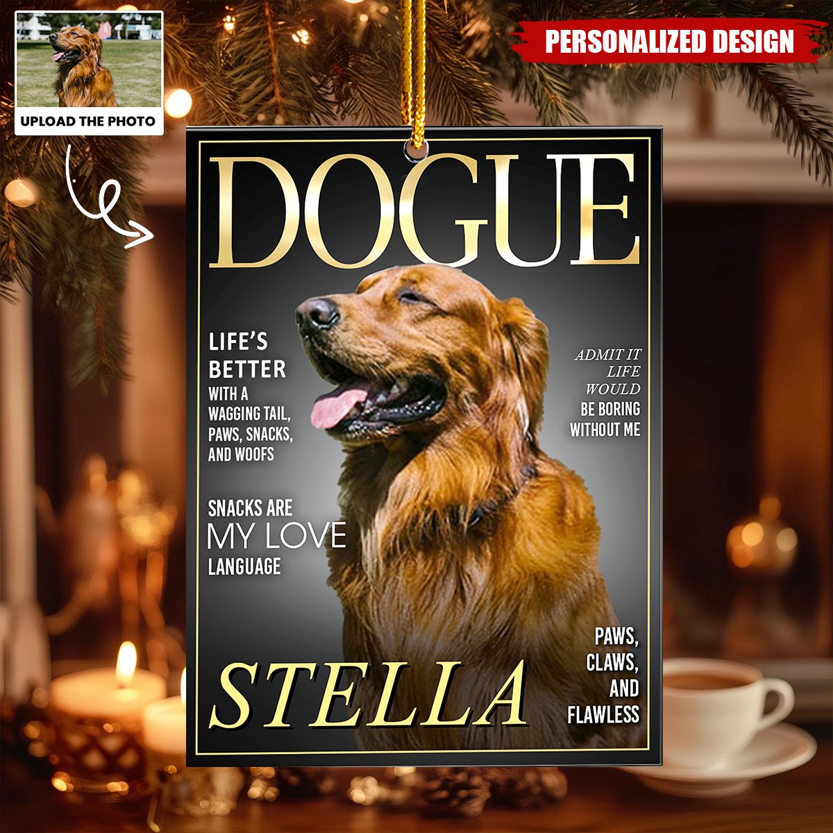 Pet Dogue Magazine - Custom Pet Portrait - Gifts For Dog Lovers, Cat Lovers - Personalized Acrylic Photo Ornament