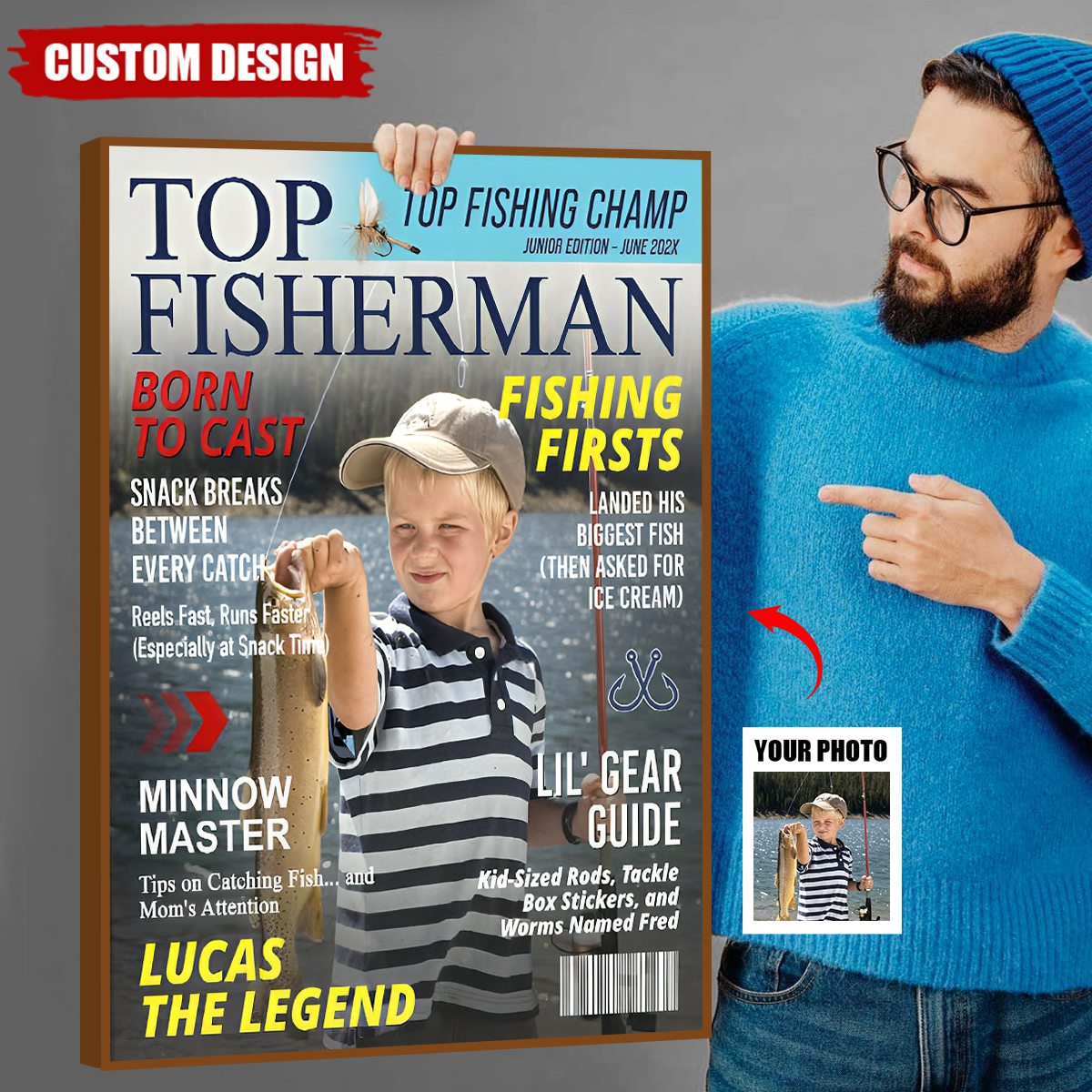 Custom Kids Fishing Magazine Cover Poster, Fishing Gifts for Boys, Fishing Gift for Son, Grandson, or Young Angler, Personalized Fisherman Gift