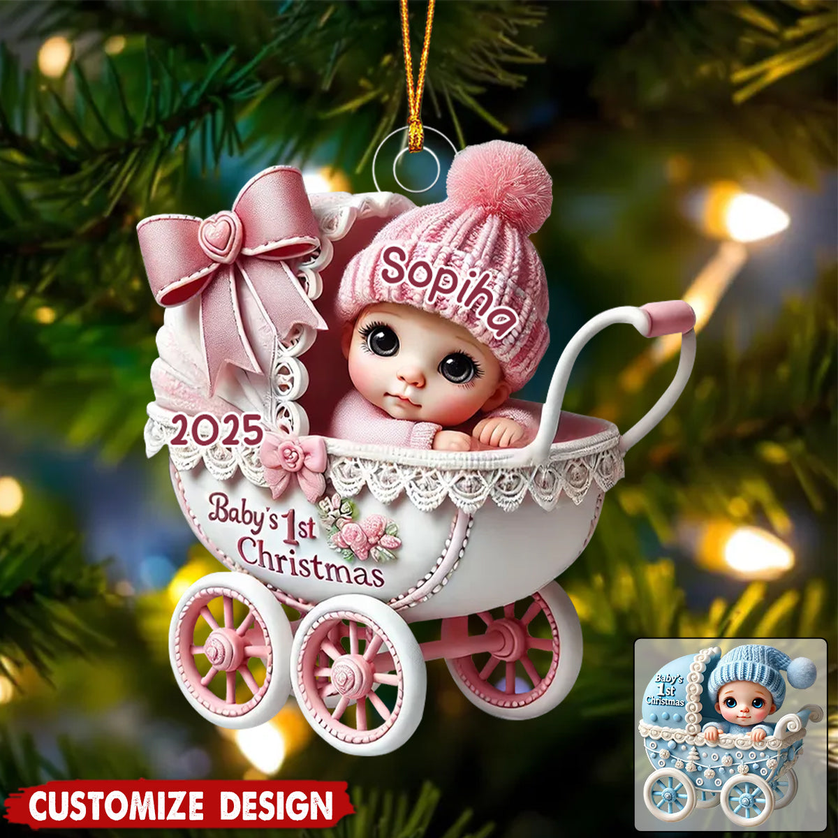 Newborn Baby In Carriage Christmas Personalized Acrylic Ornament