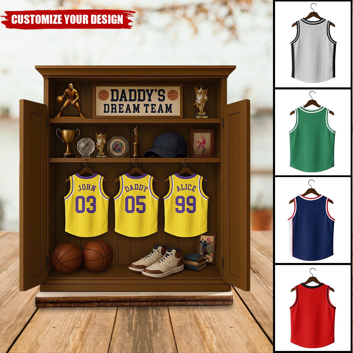 Personalized Daddy's Dream Team Basketball Jersey 2-Layered Wooden Plaque-Father’s Day Gift For Sports Dad