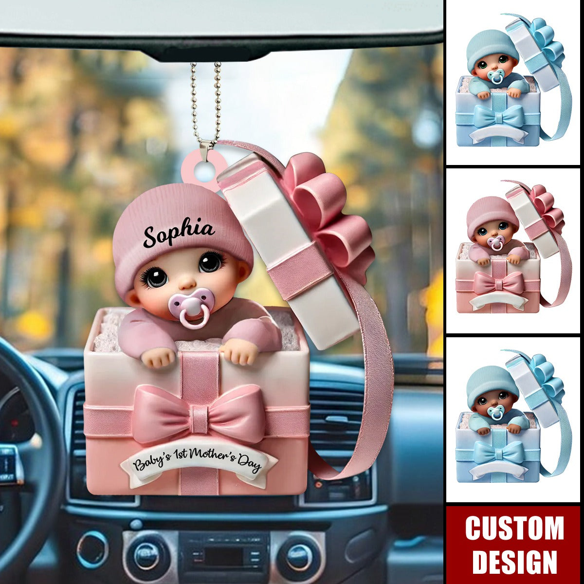 Baby Inside Gift Box Personalized Acrylic Car Ornament - Baby's First Mother's Day Gift