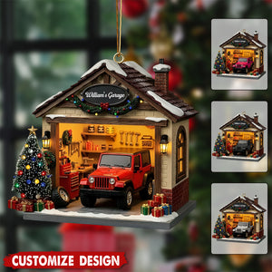Personalized Garage Scene Christmas Ornament - Gift For Car Enthusiasts