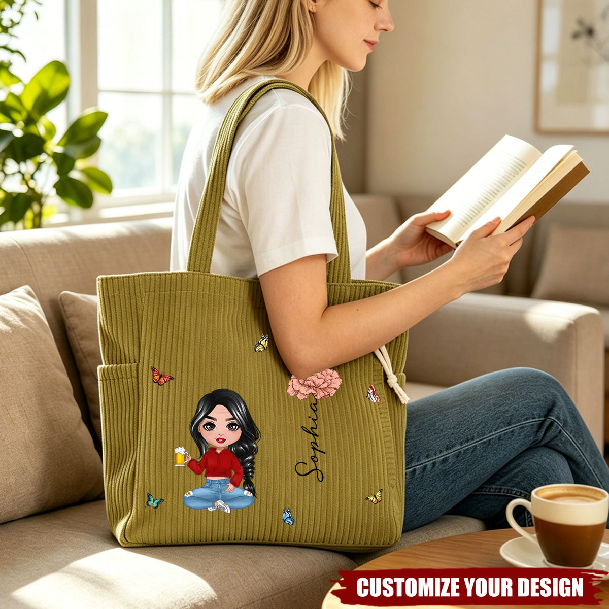 Personalized Cartoon Character Birth Flower Large Capacity Corduroy Tote Bag