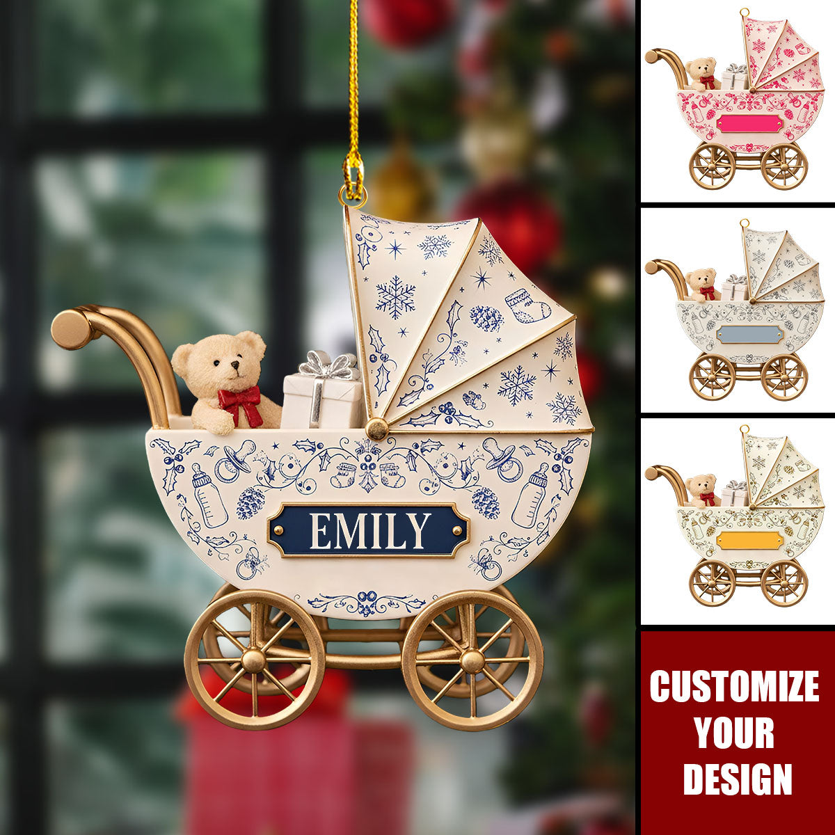 Toile De Jouy Ornaments, Personalized Baby Carriage Ornament