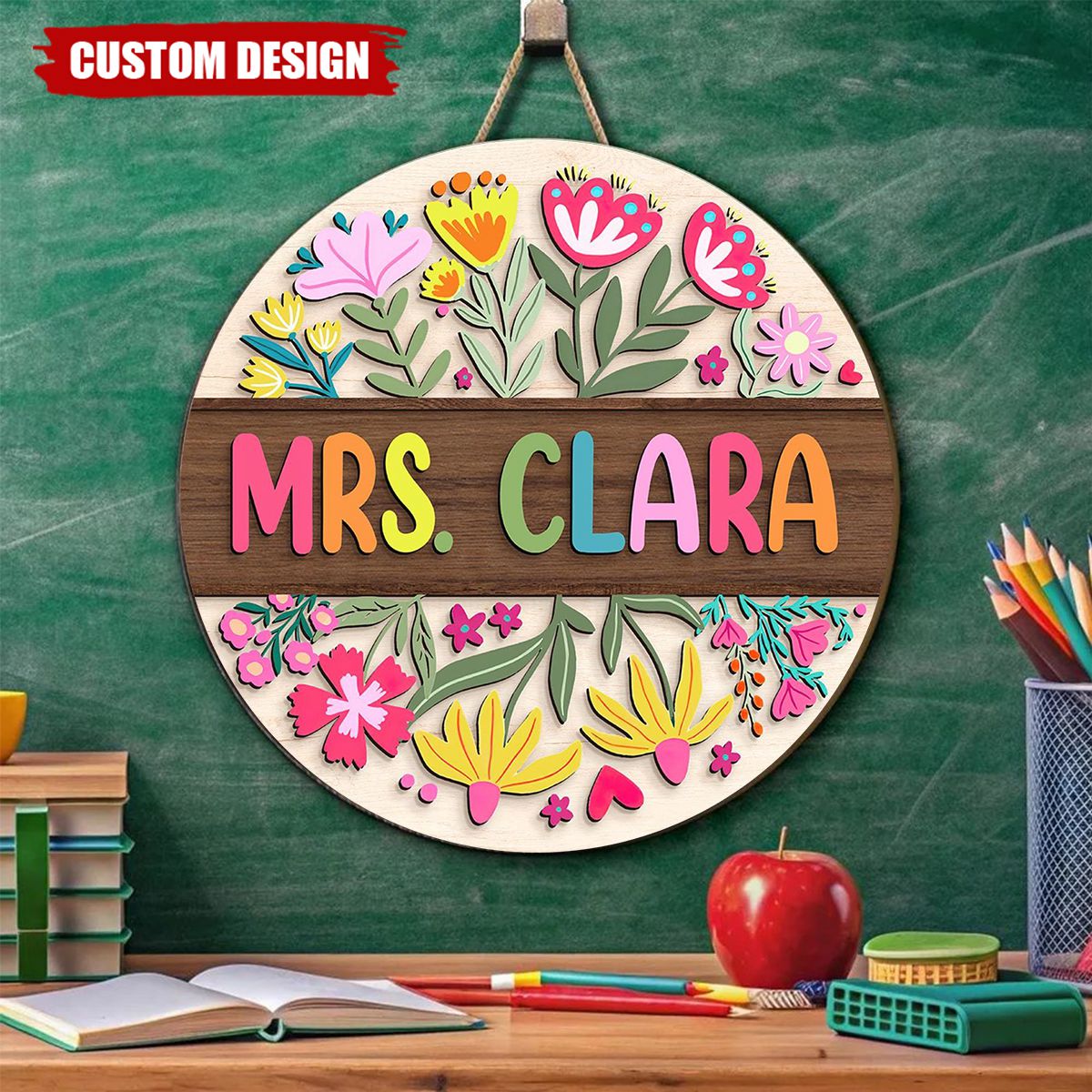 Teacher Flower Pattern - Personalized Shaped Wood Sign, Back To School Gift