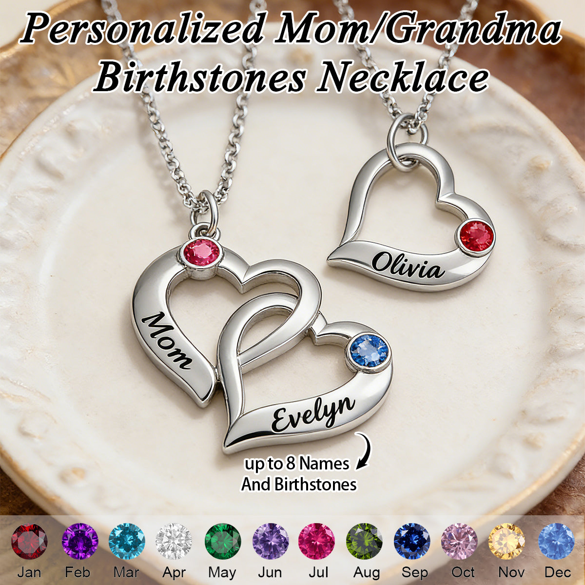 Personalized Hearts Necklace with Birthstone-Mother's Day Gifts