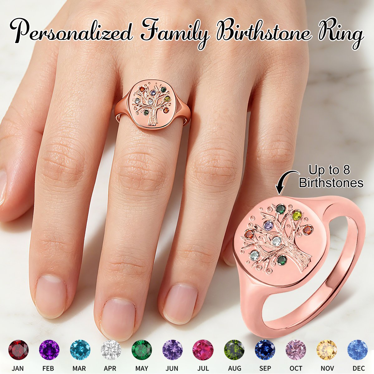 Personalized 1-8 Birthstone Family Tree Ring-Birthday Mother's Day Gift for Mom Grandma
