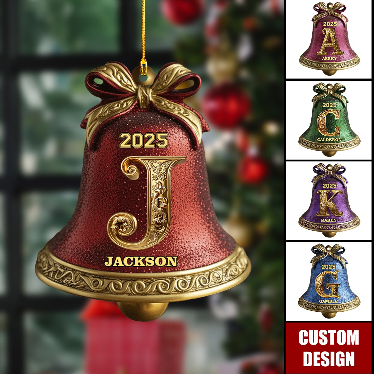 Custom Gold Bell Initial For Family, Merry Christmas 2025 - Personalized Family Ornament