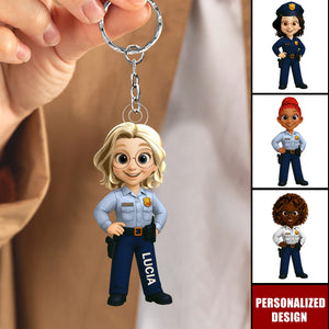 Personalized Woman Police Officer Cartoon Character Keychain-Gift For Law Enforcement