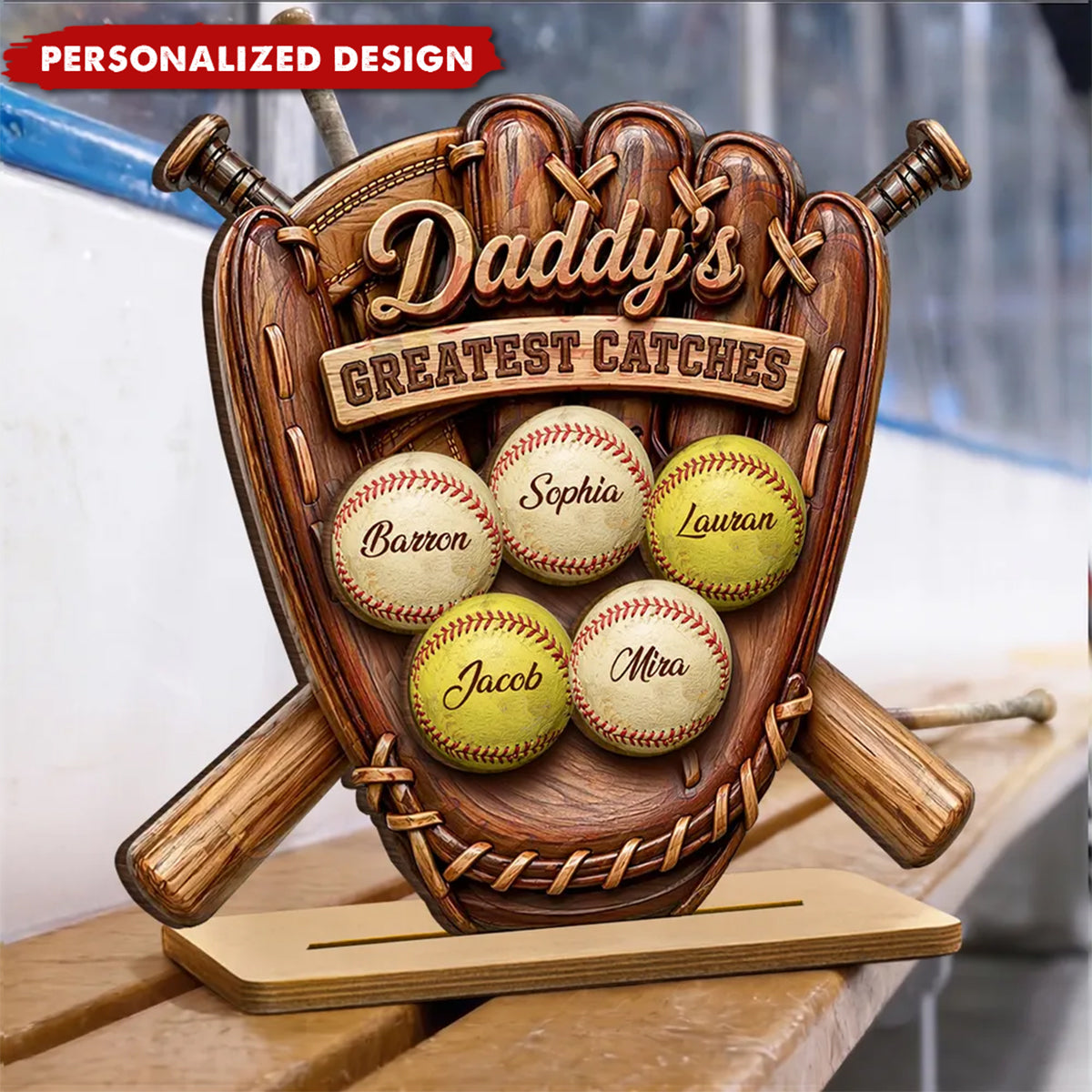 Daddy's Greatest Catches Baseball Softball-Personalized Wooden Plaque-Father's Day Gift for Husband, Dad