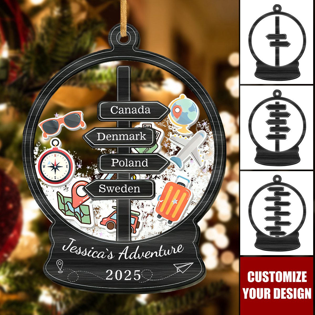 Personalized Travel Adventure Shaker Ornament, Travel Shaker Keepsake Ornament