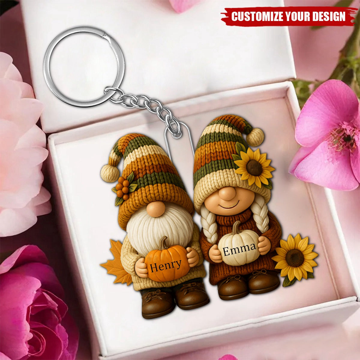 Growing Old Together, Couple With Sunflowers And Pumpkins Keychain, Gift For Couples And Grandparents