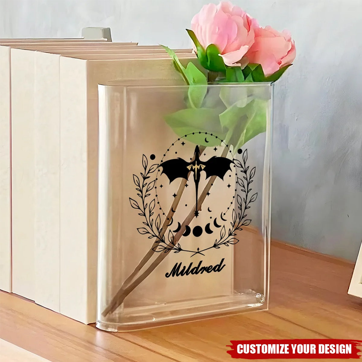 Personalised Cool Flying Dragon Pattern Clear Bookend Vase with Name, Gift for Mom Grandma Book Lovers